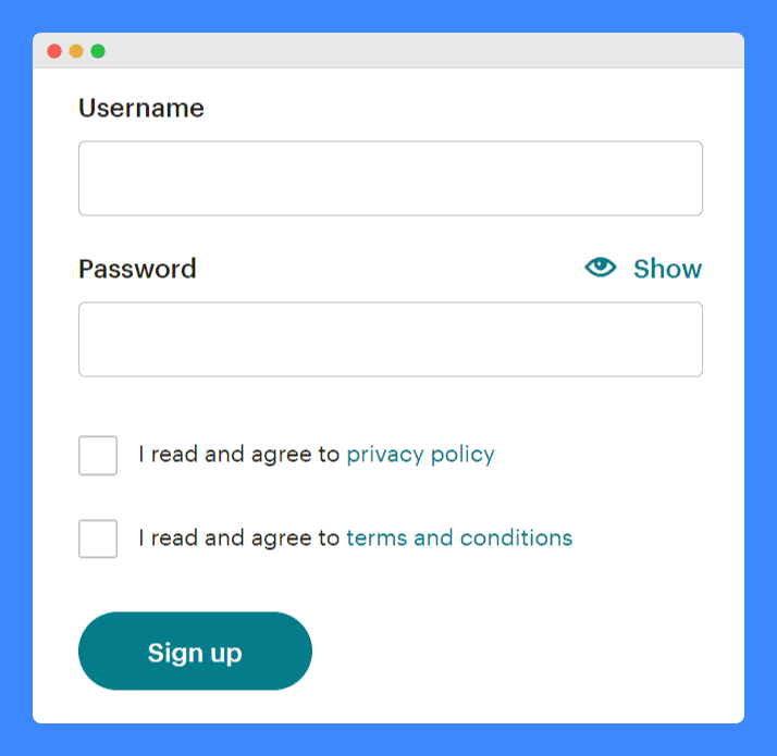 Example of privacy policy and terms and conditions consent with checkboxes