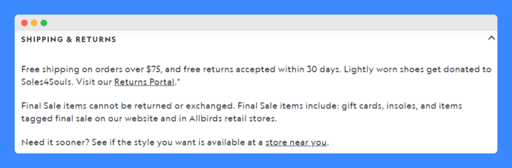 Allbirds' shipping and returns policy displayed on each product page of their website.