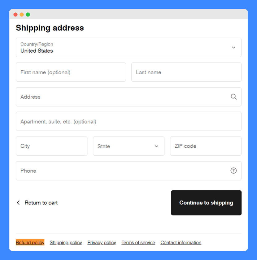 Blacktailor's refund policy displayed on the checkout page of their website.