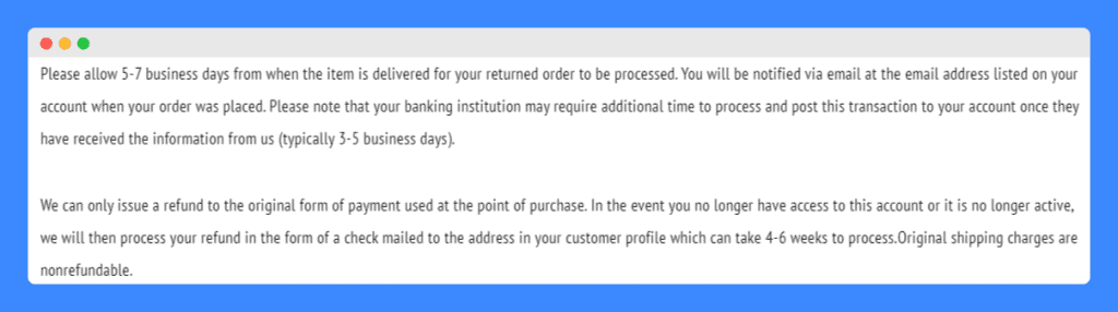 Jeffree Star Cosmetics' refund process explanation on a white background.