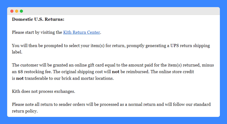 Kith's returns policy on a white background.