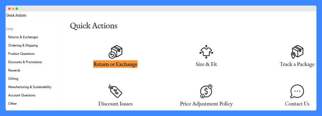 Outdoor Voices' return or exchange policy displayed on the customer service page of their website.