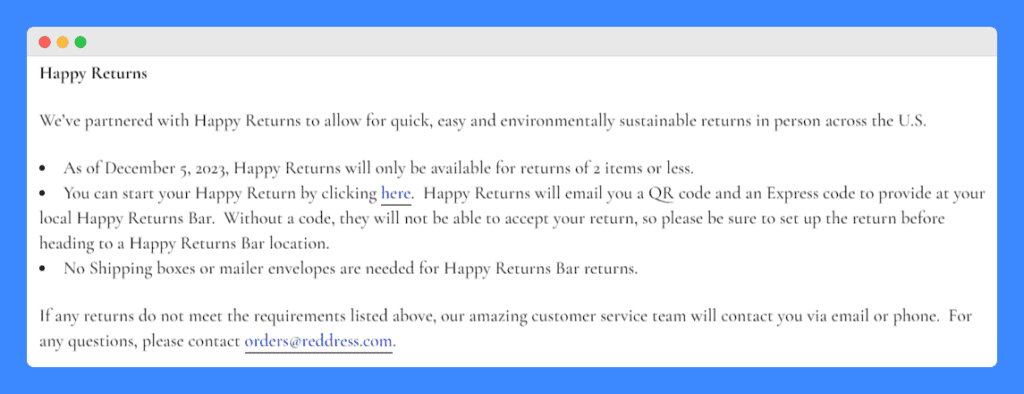 Red Dress announcing their collaboration with Happy Returns.