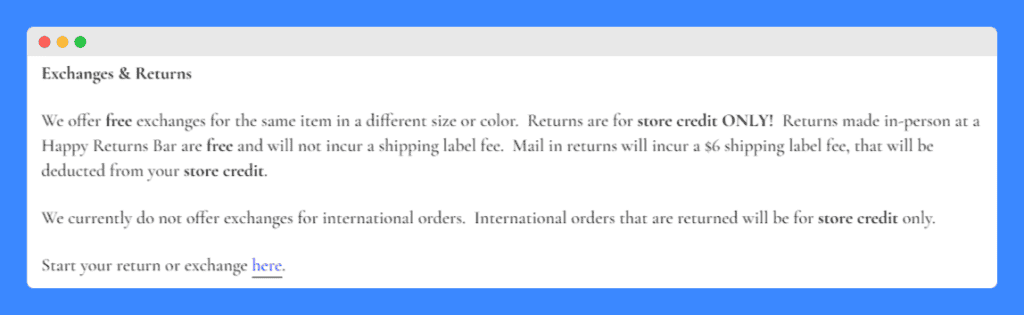 Red Dress' exchanges and returns policy on a white background.