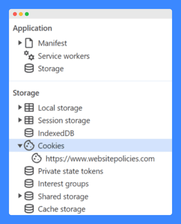 Developer tools interface showing the "Application" tab with the highlighted "Cookies" section.
