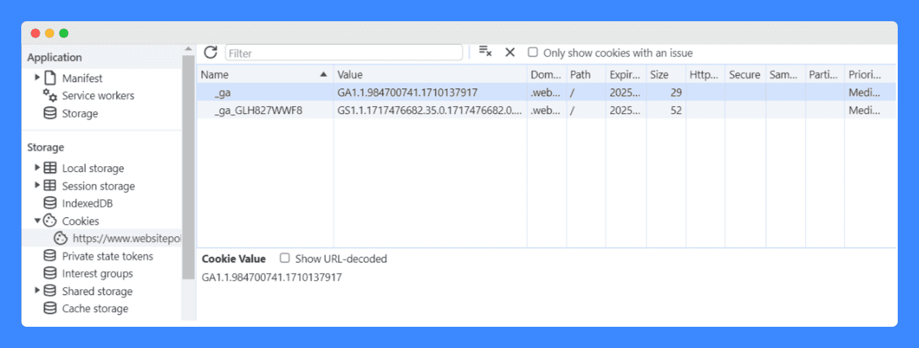 Developer tools interface showing the "Cookies" section with a list of cookies displaying details such as name, value, domain, path, and expiration date.