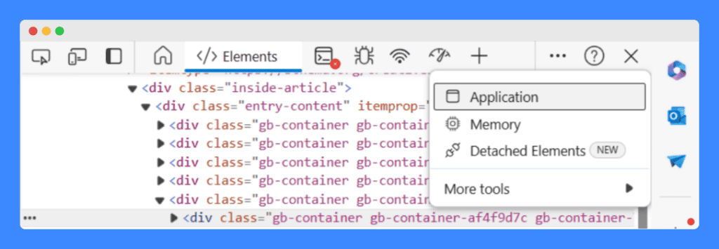 Developer tools interface showing the "Elements" tab with HTML code of a webpage, and a dropdown menu for selecting tools like Application, Memory, and Detached Elements.