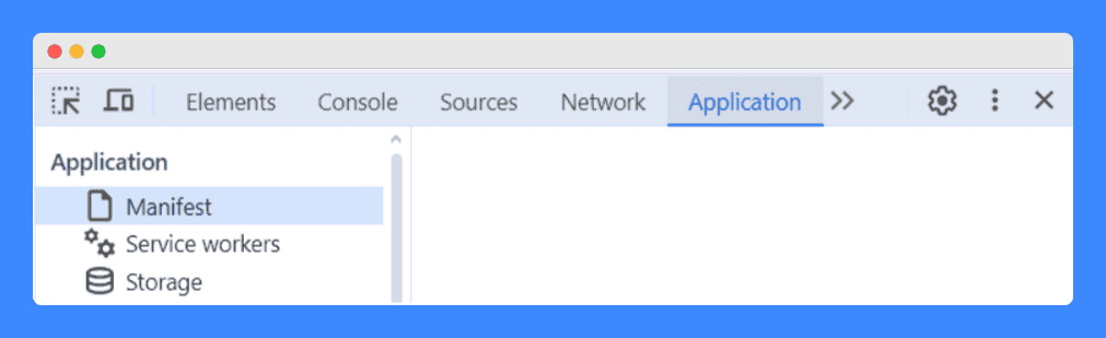 Developer tools interface showing the "Application" tab with sections for Manifest, Service workers, and Storage, highlighting the Manifest option.
