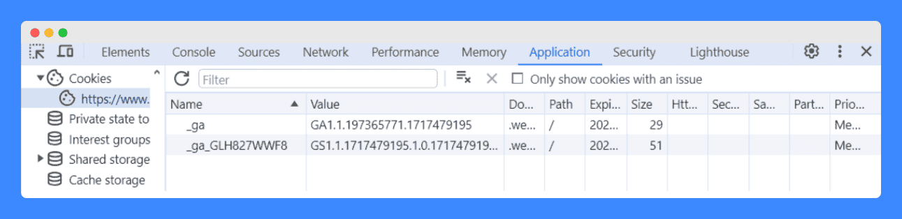 Developer tools interface showing the "Application" tab with a list of cookies, including cookie name, value, domain, path, and expiration date.