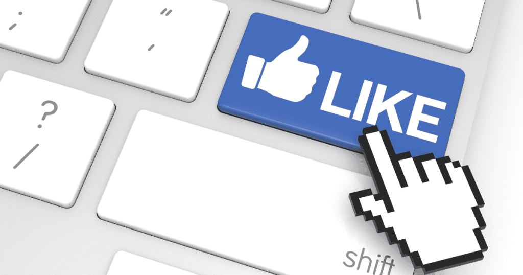 A digital rendering of a white keyboard with a prominent blue "LIKE" button being pressed by a cursor, illustrating the decisive moment of user engagement.